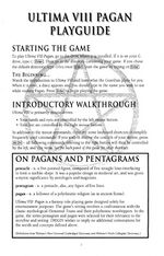 Cover of a booklet called "ULTIMA VIII PAGAN PLAYGUIDE" including detailed instructions. A large watermark of a pentagram appears at the center.
