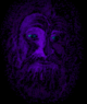 A purple apparition of a haggard man's face with cool blue eyes.