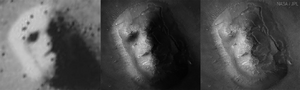 On the left the original image made by Viking 1 in 1976 that started the myth. In the middle an enhanced picture, still showing the illusion. Right a modern picture showing what the structure truly looks like.
