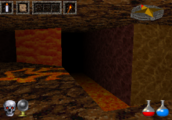 (PSX) A lava fall, rivulets of lava, and a lava floor. All are shaded like regulr textures. The lavafall is animated by vertical scrolling, the rest are not animated at all.
