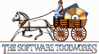 Logo for "THE SOFTWARE TOOLWORKS" depicting a horse-drawn carriage, loaded with a CD and two floppy disks, in motion.