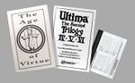 A game manual titled "The Age of Virtue" and another "Ultima The Second Trilogy IV V VI". Another paper is visible but with illegible printing.