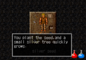 over an inventory panel over a fogged out backgournd is a message box who's message reads You plant the seed, and a small silver tree quickly grows.